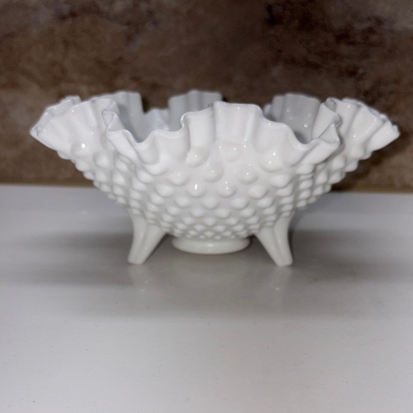Fenton Other - Vintage Fenton White Hobnail Milk Glass Ruffled Crimped Footed Candy Bowl 8”